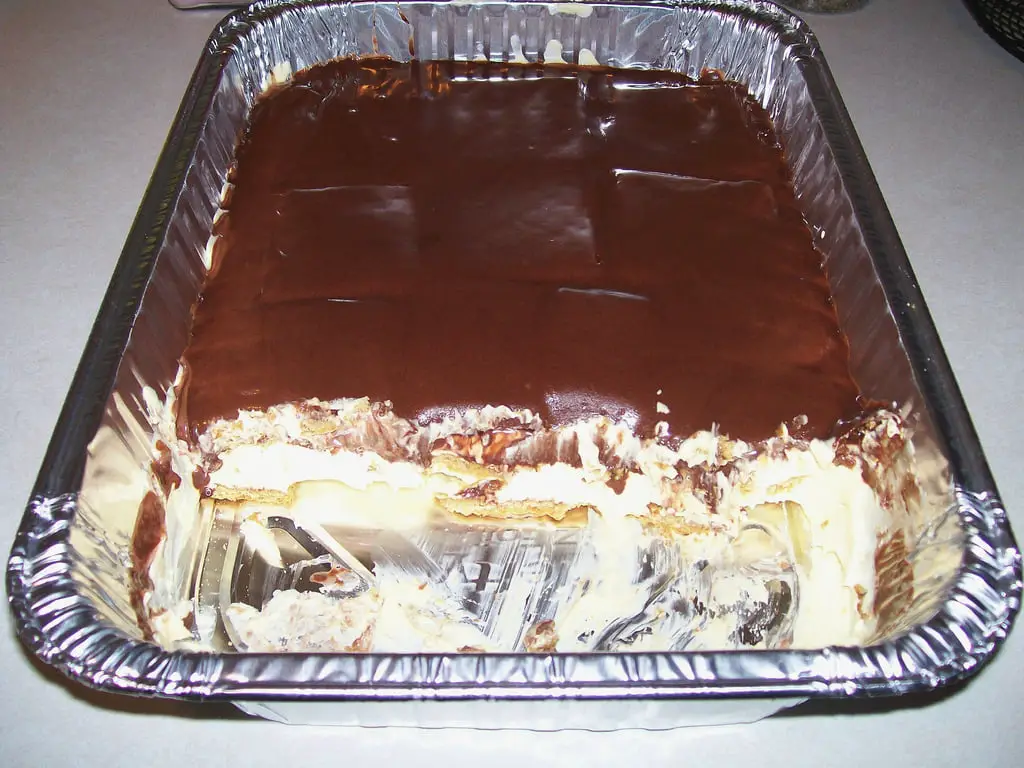 No bake Chocolate Eclair Cake served on plate 