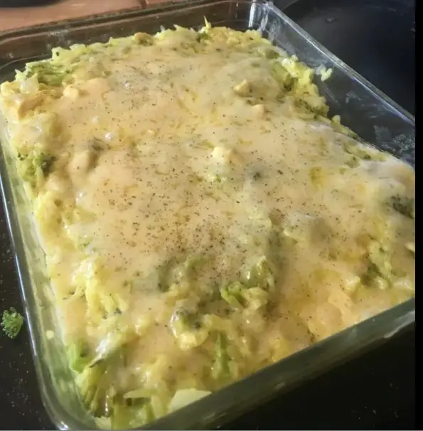 Broccoli Rice Cheese and Chicken Casserole served on plate 
