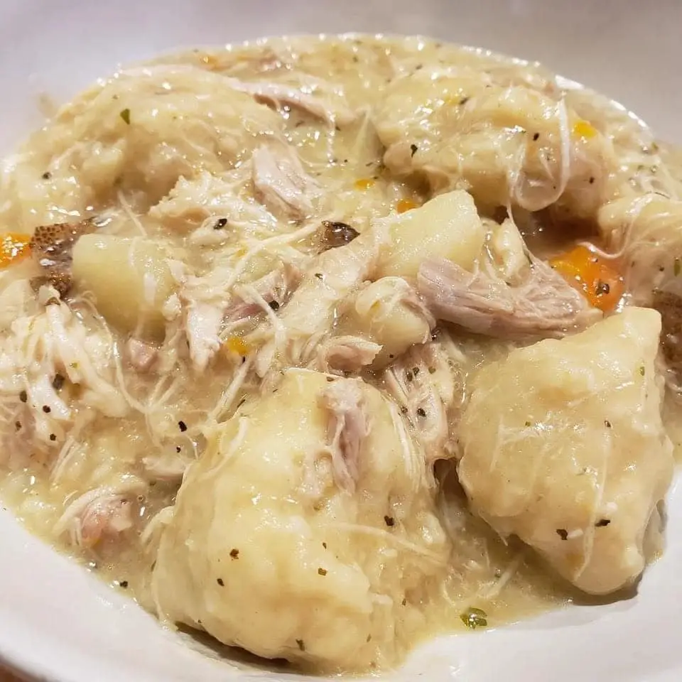 Crock Pot Chicken and Dumplings served on white plate