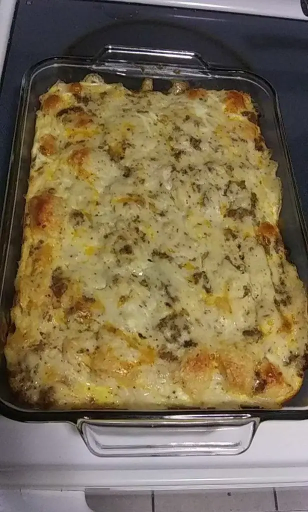 Creamed Chicken and Biscuits Casserole served on plate 