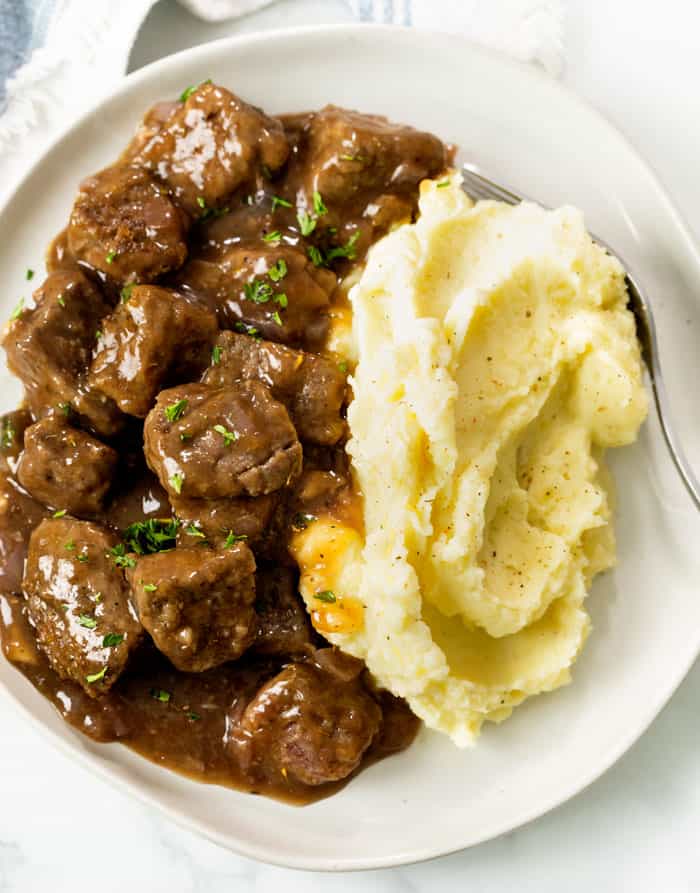Beef Tips and Gravy Served on Plate 