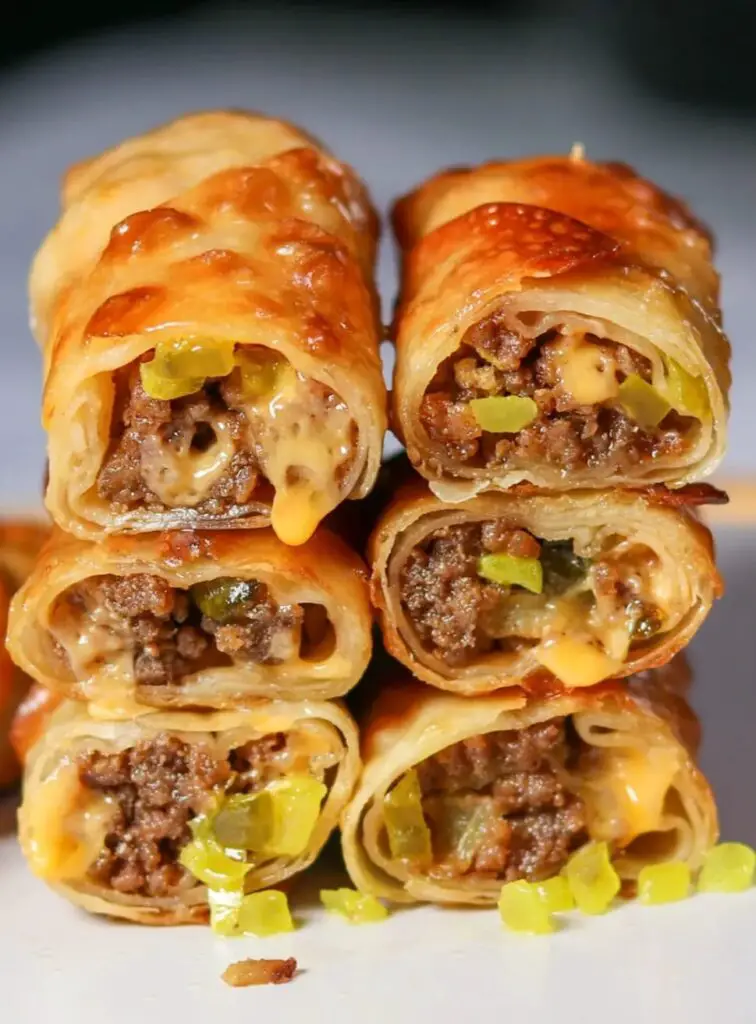 Air Fryer Cheeseburger Egg Rolls placed  on plate 