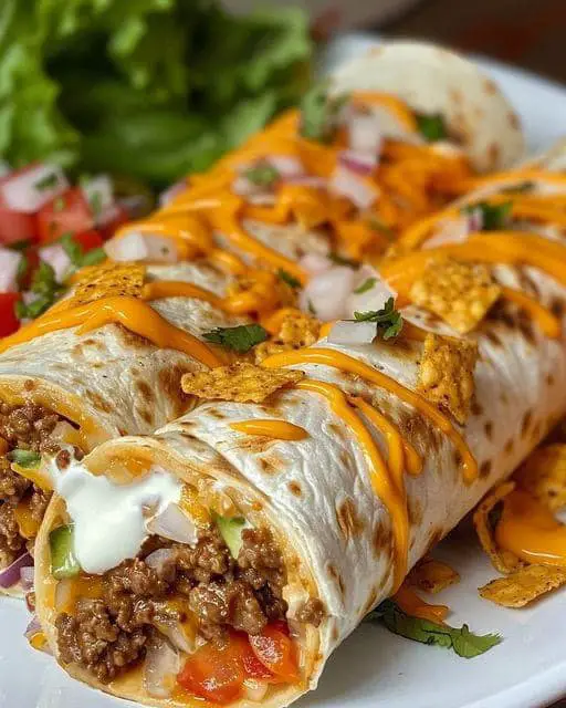 Beefy Nacho Cheese Wrap Served on white plate 